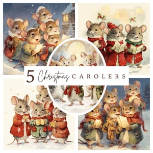 Vintage Mice Carolers: set di illustrazioni natalizie stravaganti, set stampabile digitale