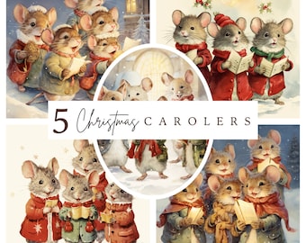 Vintage Mice Carolers: Whimsical Christmas Illustration Set, Digital Printable set