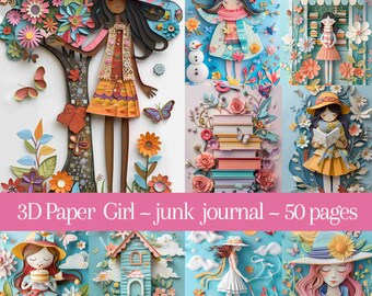 3D Paper Craft Girls Illustration Bundle – Junk Journal, Scrapbook (50 Printable JPGs)