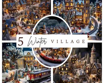 Digital Christmas Village Images: Set of 5 Adorable Miniature Scenes, printable scrapbook, winter scenes