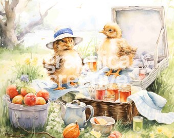 Easter Picnic Clipart Bundle, Chicks and Ducks Illustration (Digital Download)