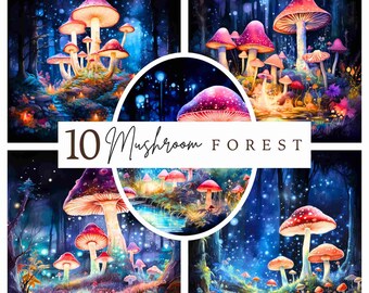Magic Mushroom Forest Clipart, Luminescent Fantasy Art (Digital Download)