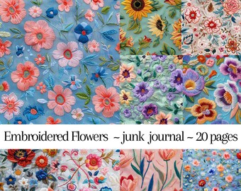 Embroidered Flower Image Bundle – 20 Printable Pages (Digital Download)