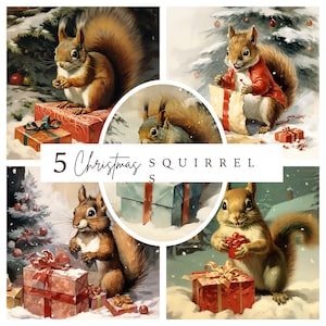 Vintage Eichhörnchen Überraschungen: 5 süße Illustrationen mit Geschenken, Weihnachts Clipart Illustration Bundle