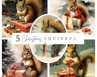 Vintage Christmas Squirrel Illustrations: Holiday Clipart Bundle (Digital Download)
