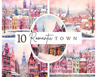 Pink Romantic Town Clipart Bundle – 10 JPGs (5500x5500 pixels)