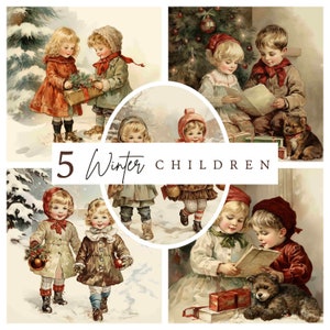 Bambini invernali vintage, pacchetto di illustrazioni natalizie, clipart per journaling vintage, immagini digitali stravaganti del diario spazzatura