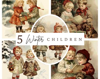 Vintage Winter Children Illustrations, Christmas Clipart Bundle (JPG, Commercial License)