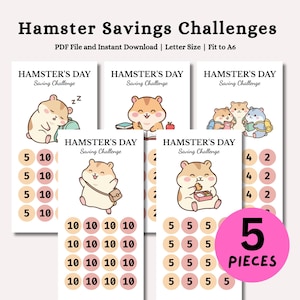 Puede incluir: Cinco hojas imprimibles Hamster's Day Saving Challenge con hámsteres de dibujos animados en varias actividades. Cada hoja incluye filas de círculos con valores numéricos para rastrear ahorros. El texto dice Hamster's Day Saving Challenge.