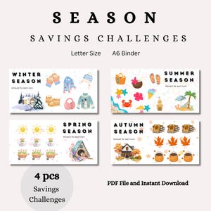Può includere: Grafica con quattro sfide di risparmio stagionali. Ogni stagione ha illustrazioni a tema: inverno con neve e guanti, estate con scene di spiaggia, primavera con fiori e autunno con foglie. Testo: "Season Savings Challenges."