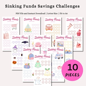 Puede incluir: Una colección de diez hojas imprimibles de Sinking Funds Savings Challenges con varios temas como compras, festividades y viajes. Cada hoja incluye el texto Sinking Funds, filas de iconos de corazones para seguimiento e ilustraciones coloridas.