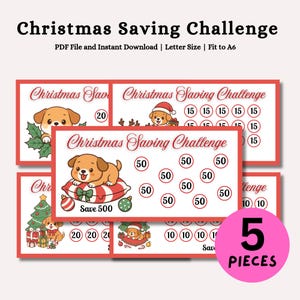 Puede incluir: Un conjunto de cinco hojas imprimibles Christmas Saving Challenge con cachorros, decoraciones navideñas rojas y verdes, y círculos con los números 10, 15, 20 y 50. El texto dice Christmas Saving Challenge y Save 500.