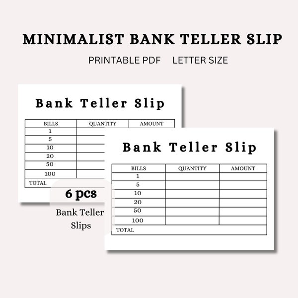 Cash Breakdown Card Printable,Cash Breakdown,Bank Teller,Teller Slip,Bank Teller Slips,Cash Budgeting,Cash Stuffing,Minimalist