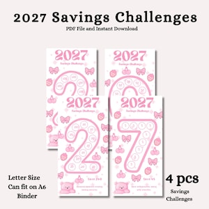 以下が含まれることがあります： リボン、サクランボ、イチゴ、クマのイラストが描かれたピンクと白の2027年貯金チャレンジトラッカー4枚セット。各シートには進捗を記録するための番号付き円があり、2027 Savings Challenge、Letter Size、4 pcsというテキストが含まれています。
