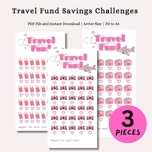 May include: Three white paper travel fund savings challenge sheets with pink text reading Travel Fund, pink aeroplane graphics, and rows of icons including passports, cameras, and suitcases, each paired with a small pink heart outline for tracking.