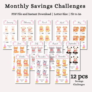 Puede incluir: Un conjunto de 12 tarjetas de desafíos de ahorro mensual con ilustraciones de animales para cada mes. Cada tarjeta incluye un encabezado con el nombre del mes, pares de animales con lazos rojos, iconos de corazones con valores y un icono de bolsa.