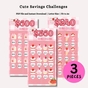 May include: Three pink and white gingham savings challenge trackers featuring strawberry-themed illustrations, including milk cartons, jars, cupcakes, and ice cream cones. Each sheet displays dollar amounts and circular or heart-shaped icons.
