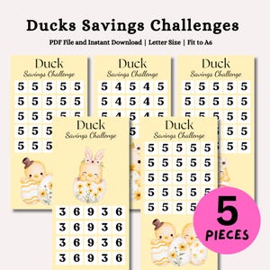 Peut inclure: Cinq feuilles de défi d'épargne Duck jaune pâle avec des grilles de chiffres et des illustrations de poussins avec des œufs de Pâques. Le texte indique Ducks Savings Challenges, PDF File and Instant Download, Letter Size, Fit to A6, et 5 PIECES.