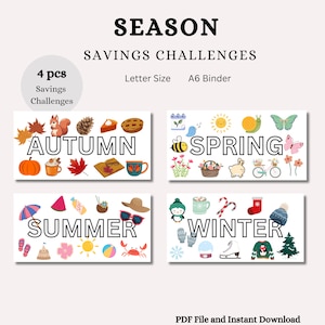 Può includere: Quattro carte stampabili con un tema di sfida di risparmio per ogni stagione. Le carte presentano illustrazioni colorate di autunno, primavera, estate e inverno. Ogni carta ha il nome della stagione in testo nero in grassetto.