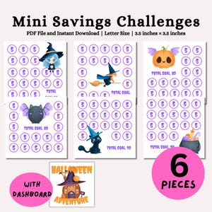 Puede incluir: Archivo PDF de Mini Savings Challenges con seis piezas, incluido un tablero. Cada hoja presenta ilustraciones con temática de Halloween como una bruja, un murciélago, una calabaza y un caldero, con círculos morados que contienen el número 5.