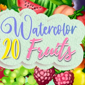 Obst Aquarell Clipart, Obstset, Apfel, Banane, Orange, Wassermelone, Stachelbeere, Erdbeere, Himbeere, Schwarze Johannisbeere, Stachelbeeren