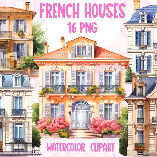 French Houses Watercolour Clipart, Classical Houses, Vintage House, French Architecture, French Dwelling, Cozy house