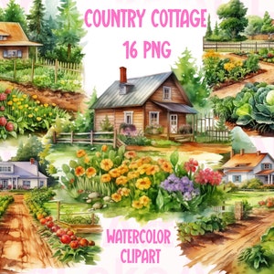 Country Cottage Watercolour Clipart, Country Garden, Spring Vegetable Garden, Country House Area, Cottagee Lakeside