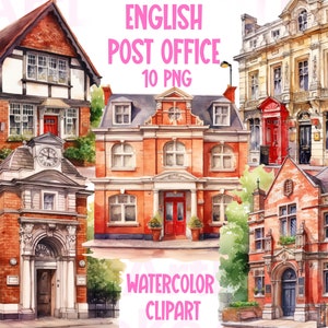 Engelse postkantoor aquarel clipart, Engelse architectuur, postkantoor vakantie,