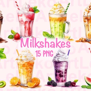 Milkshakes aquarel clipart, fruitmilkshake, kersenmilkshake print, chocolademilkshake, aardbeienmilkshake, watermeloenmilkshake, png PNGEgg
