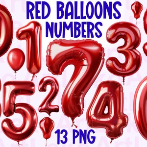Imágenes prediseñadas de números de globos rojos, números de papel de aluminio escarlata, números de cumpleaños rojos, números de globos de aniversario, manualidades de papel, papel de aluminio rojo para cumpleaños