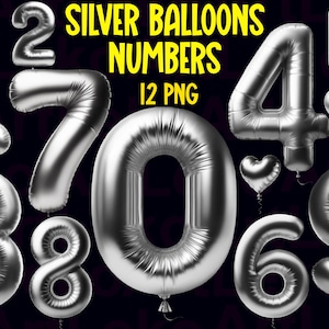 Srebrne balony, cyfry, clipart, srebrne numery urodzinowe, numery balonów rocznicowych, balony na imprezę, kartka urodzinowa
