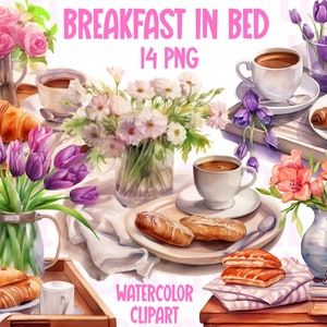 Ontbijt op bed aquarel clipart, gezellige ochtend illustratie, ochtendcroissant, woondecoratie interieur