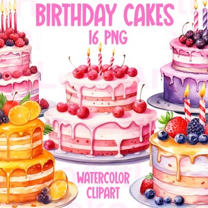 Geburtstagskuchen Aquarell Clipart, Feier Obstkuchen, Kirschkuchen Druck, Erdbeerkuchen, Party Kuchen