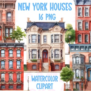 New York Houses Watercolor Clipart, Classical Houses, Vintage House, American Architecture, American Dwelling, Hearth and home