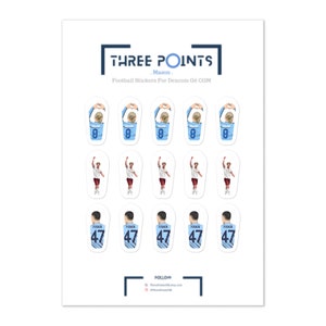 May include: A sheet of 12 football player stickers for a Dexcom G6 Continuous Glucose Monitor. The stickers feature a light blue jersey with a player's number and name. The stickers are designed to be used on the Dexcom G6.
