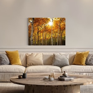 Impresión de arte de pared Colorado Aspen Colores de otoño Puesta de sol Paisaje Naturaleza Fotografía Decoración de arte moderno Póster de lienzo Acrílico Metal o Impresión brillante