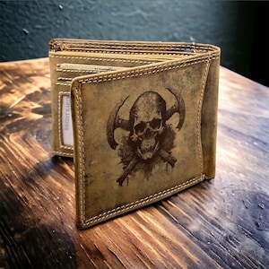 Leder Brieftasche aus echten Leder, Totenkopf, Geldbörse  Skull-purse 100%Büffelleder mit RFID Schutz, Skull, Wikinger, Laser Gravur