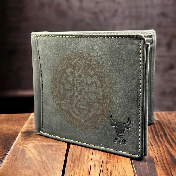 Personalisierte Echtleder Brieftasche mit nordischer Gravur - Odin, Thor, Valhalla, Büffelleder, RFID Schutz