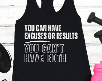 Excuses Racerback-Tanktop für Damen, Trainingsshirt, motivierendes Fitness-Top, Geschenk für Trainer, Fitnessstudio, inspirierendes Übungs-Tanktop, No Excuses-T-Shirt