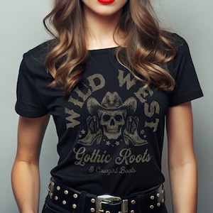 T-shirt graphique Wild West Skull : T-shirt cow-girl gothique occidental
