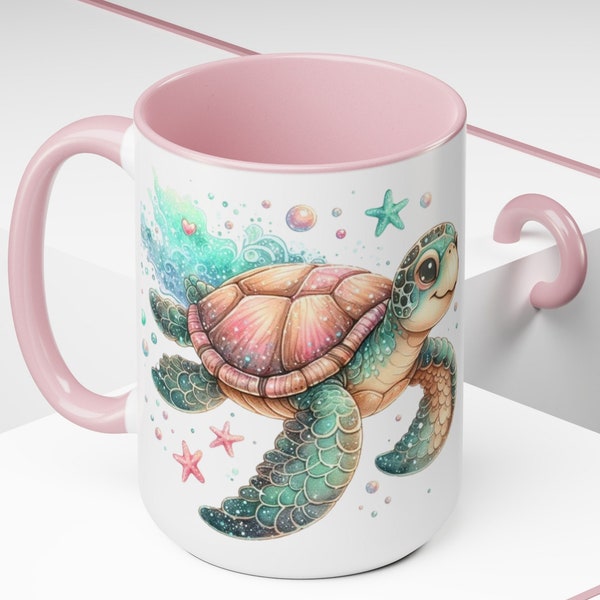 Personalized Sea Turtle Two-Tone Coffee Mug 15oz  Turtle Lover Mug Custom Name Cup Ocean Lover Gift Custom Text Mug Ocean Theme Drinkware