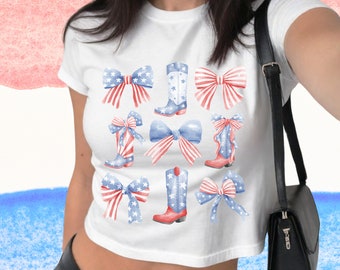 Patriotic Bow & Boots Crop Top: American USA Flag 4th of July Baby Tee