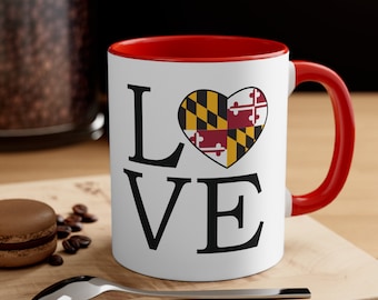 Caneca de café LOVE Maryland Accent com a bandeira do estado de Maryland, caneca para bebidas que expressa o orgulho de Maryland, presente para moradores de Maryland, presente para amantes de Baltimore e amantes de café.