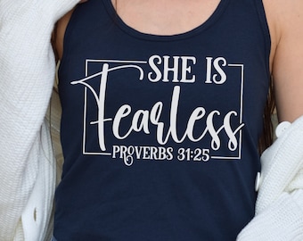 She is Fearless Women's Racerback Tank Athletic Workout Top Religious Saying Shirt Bible Verse Proverbs 31:25 Fitness Tank Top Feminism Gift