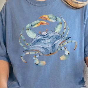 Puede incluir: Una ilustración de acuarela azul y verde de un cangrejo en una camiseta azul claro.