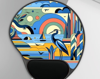 Great Blue Heron Art Deco Mousepad with Wrist Rest Office Gift for Bird Lover Gift Ocean Lover Present Unique Colorful Art Mouse Pad Design