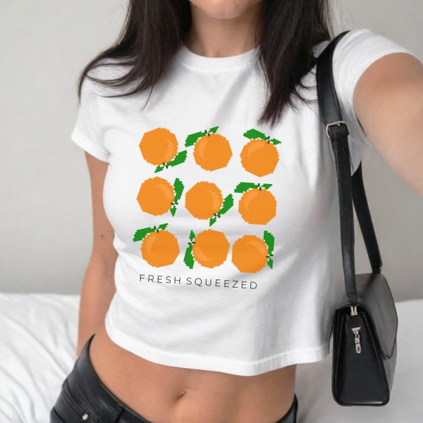 Fresh Squeezed Pixelated Oranges Women's Trendy Baby Tee Modern Unique Design y2k Crop Top Gift for Her Funny Bartender Orange Crush Shirt