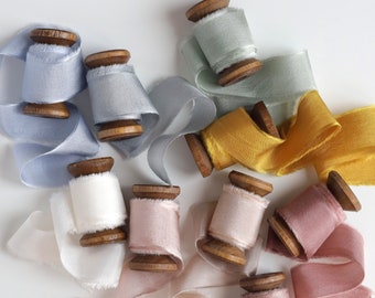 Hand Dyed Silk Ribbon, 0.8" x 3 yards, Ribbon on Wooden Spool, 100% Silk, Raw Frayed Edges, Various Colors Available, SHIPS FROM USA