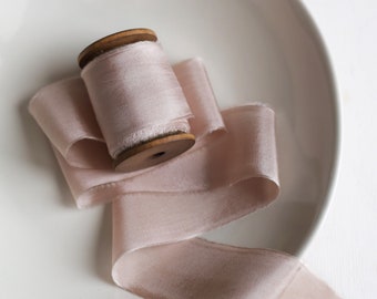Silk Ribbon, 6 yards, Dusty Blush, Ribbon on Wood Spool, Hand Dyed Silk Ribbon with Raw Edges, Pure Silk Ribbon for Wedding, SHIPS FROM USA