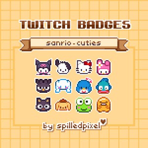 Könnte beinhalten: Ein Set mit 12 Twitch-Badges mit Sanrio-Charakteren. Die Badges sind pixelig und beinhalten Charaktere wie Hello Kitty, My Melody und Kuromi. Der Text "sanrio-cuties" und "by spilledpixel" ist ebenfalls enthalten.
